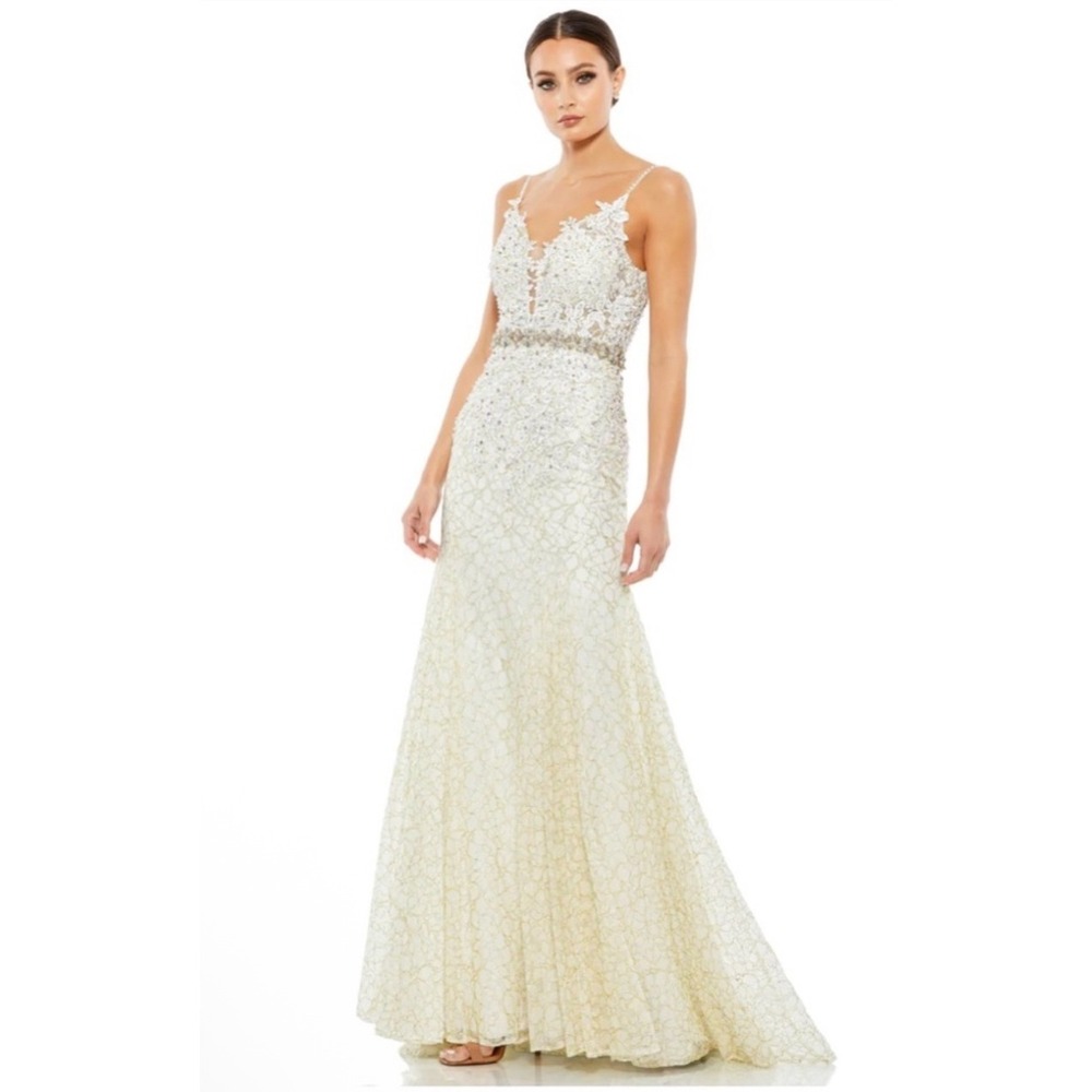 NWT Mac Duggal A79341 Trumpet Gown Ivory Formal Plunge Neck Size 14 $798